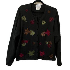 Vintage Rainbow Bridge Cardigan Womens XL Black Beaded Leaf Fall Autumn Granny